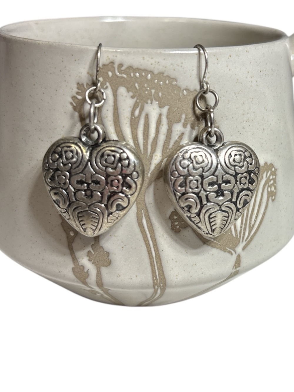 Vintage Silver Tone Embossed earnings Puffed Heart Pendants With Designs